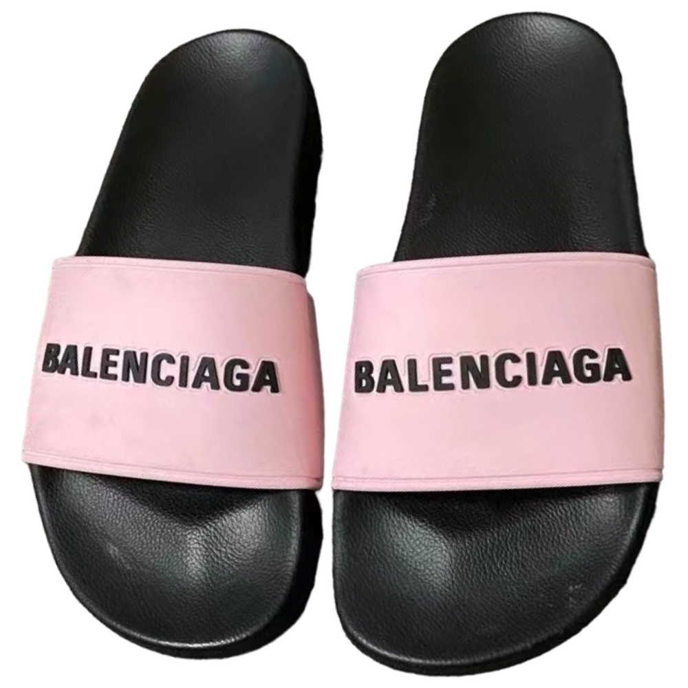 BALENCIAGA 	BLACK LOGO RUBBER PINK SLIDES