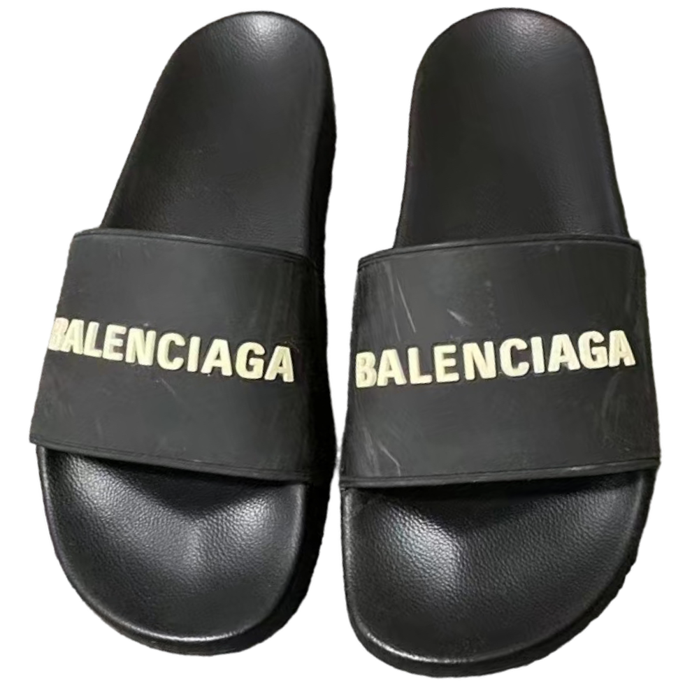 BALENCIAGA WHITE LOGO RUBBER BLACK SLIDES