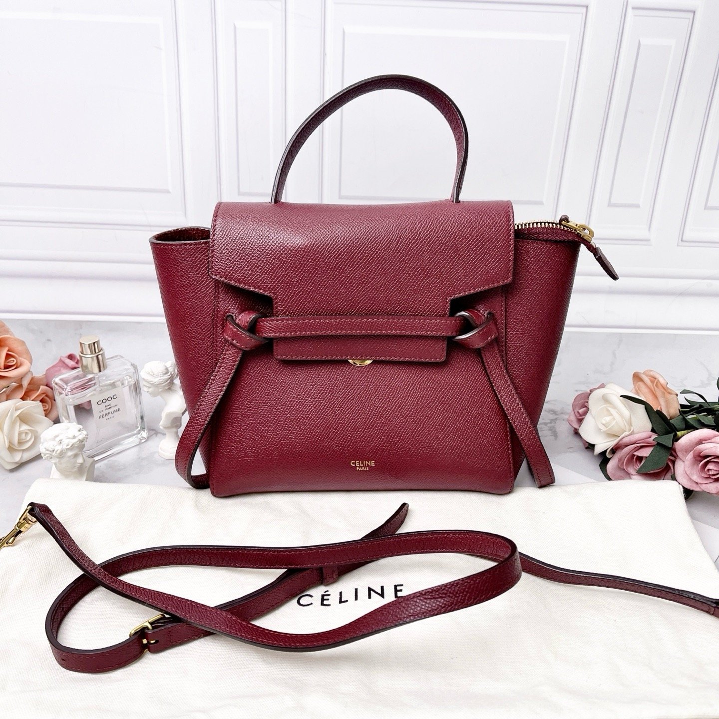 Celine Belt Nano Bag in Burgundy GHW
